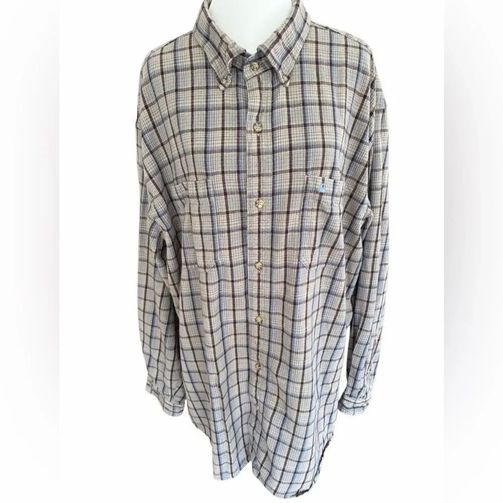 Carhartt Gray, Blue and Tan Plaid Button Front Shirt size 2XL.